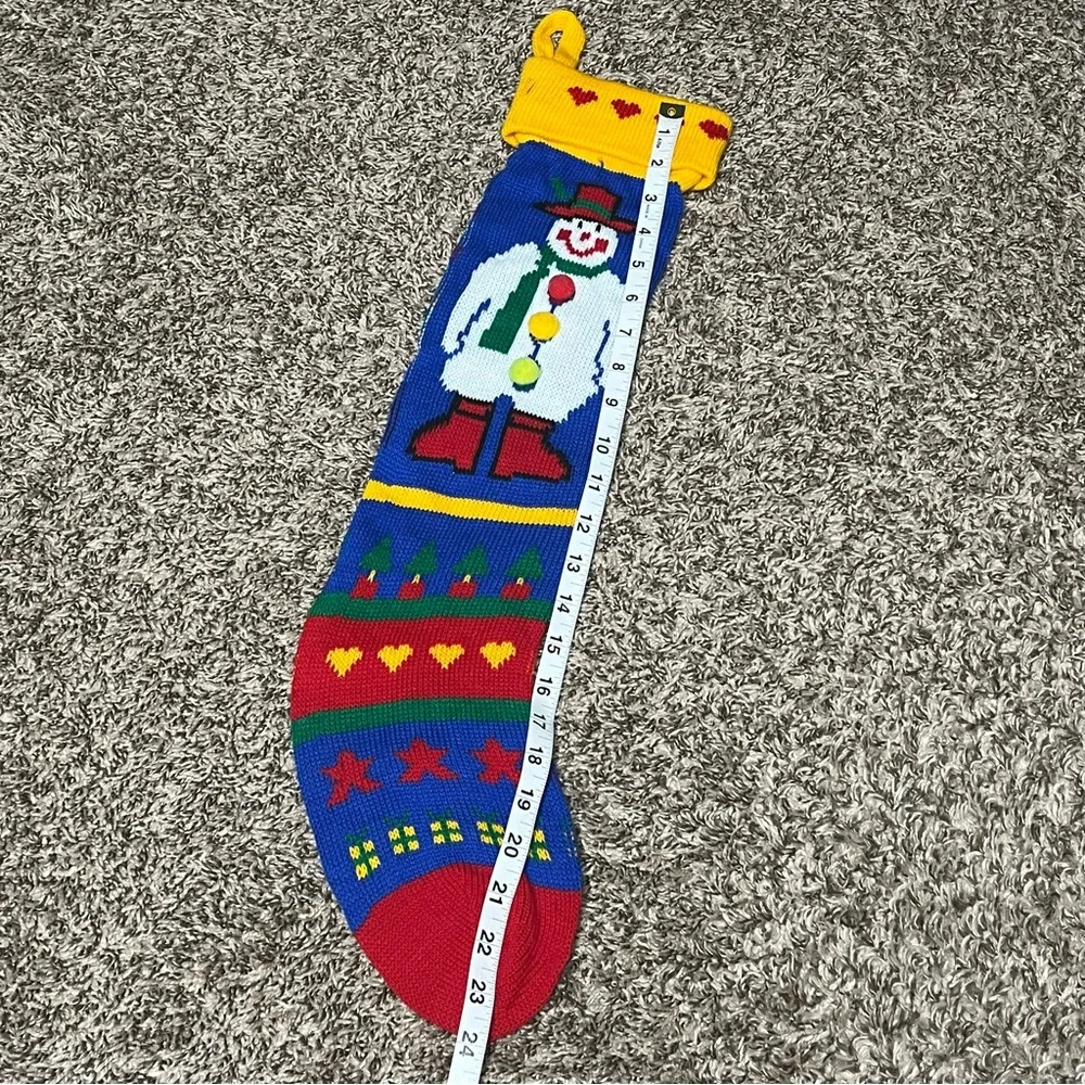 Vintage Santa's Stuffer Machine Knit Big Christmas Stocking with Snowman 70s 80s